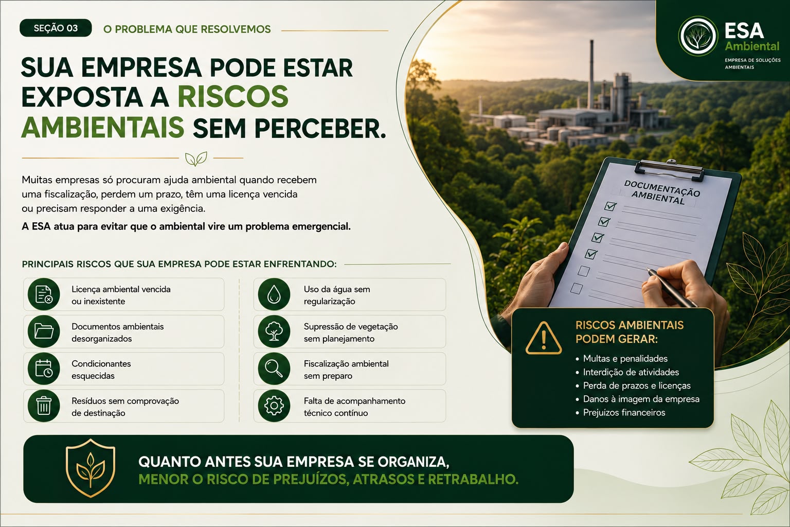Sua empresa pode estar exposta a riscos ambientais sem perceber — a ESA atua para evitar que o ambiental vire um problema emergencial
